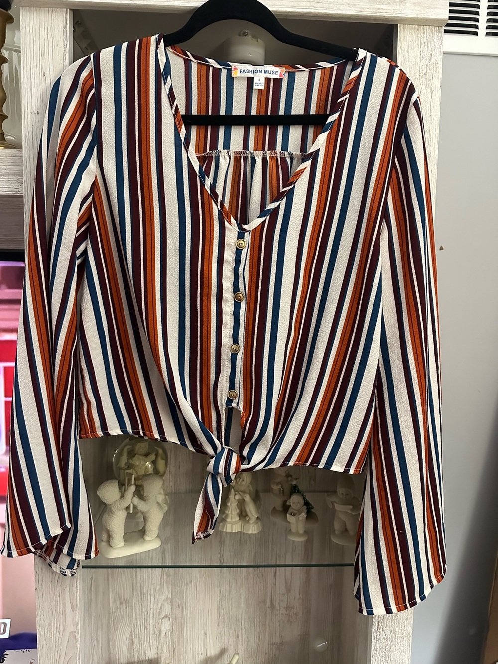 Striped Tie-Front Blouse — White, Rust & Navy